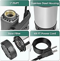 Vista 5 de FLUENTPOWER Deep Well Submersible Pump, 1.5HP 115V, 1700GPH, 147' Head, Automatic On/Off Water Pump with 49ft Cord, Stainless Steel, for Garden Home