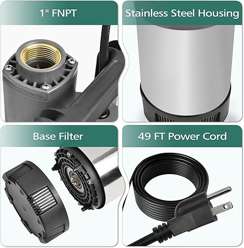 Miniatura 5 de FLUENTPOWER Bomba sumergible de pozo profundo, 1.5 HP 115 V, 1700 GPH, cabeza de 147 pies, bomba de agua automática de encendidoapagado con cable de