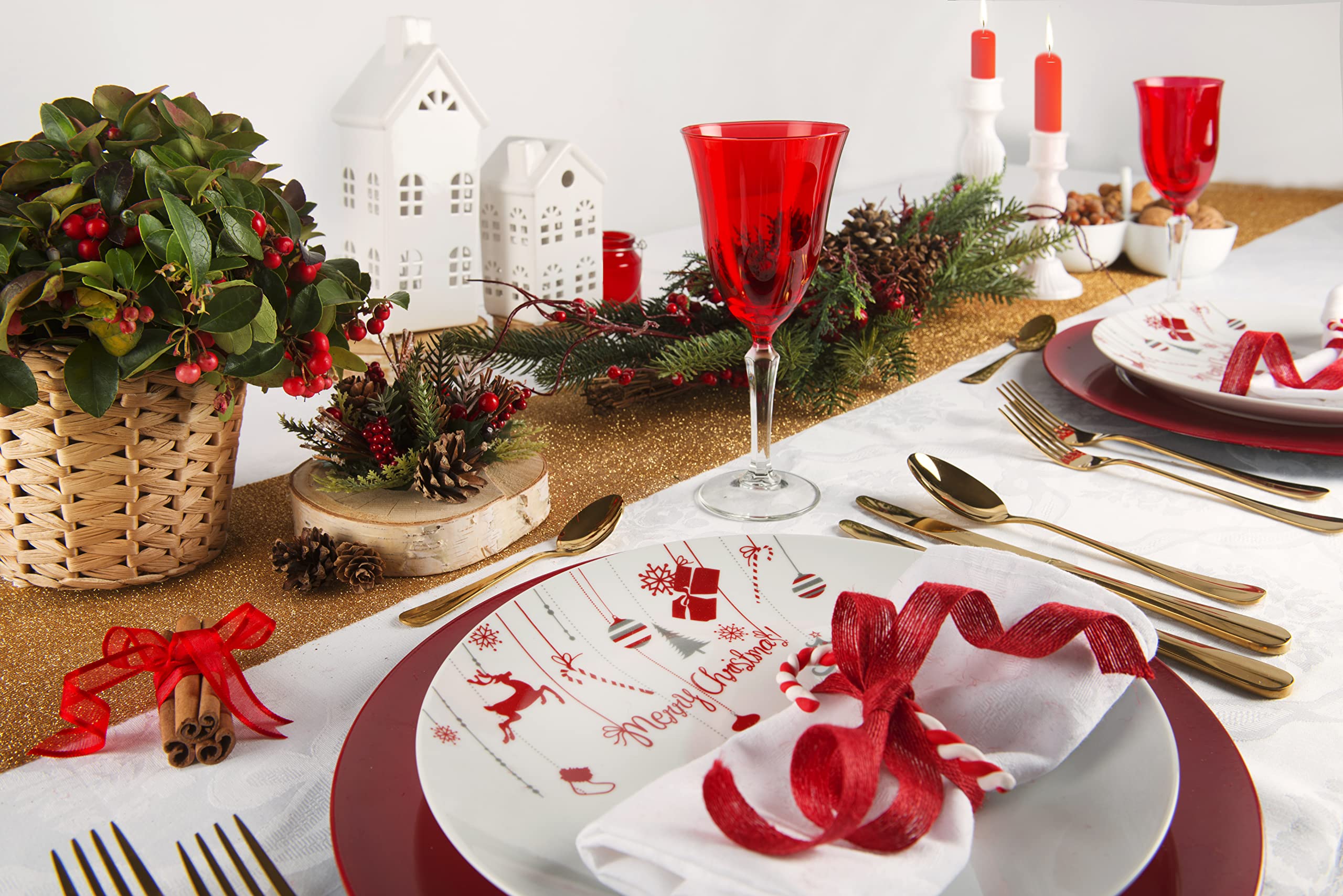 Image secondaire de Service de Table Excelsa Noël - Lot de 18 Pièces en Chine Rouge et Blanc