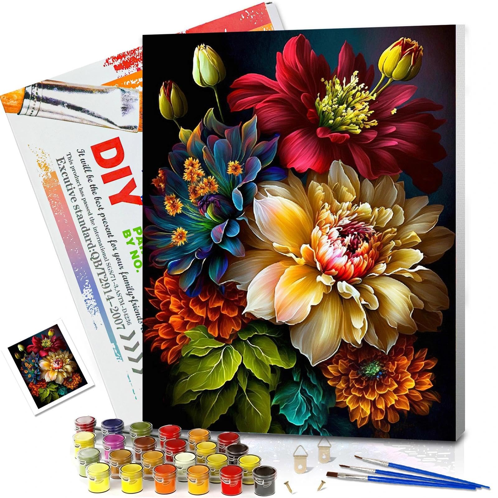 JATOK Paint by Numbers Kits for Adults, Painting Kits for Beginners On Clear Colored Canvas, Easy DIY Acrylic Pigment Drawing Paintwork for Home Wall Decor, Flower 30x40CM/12x16in (with Frame
