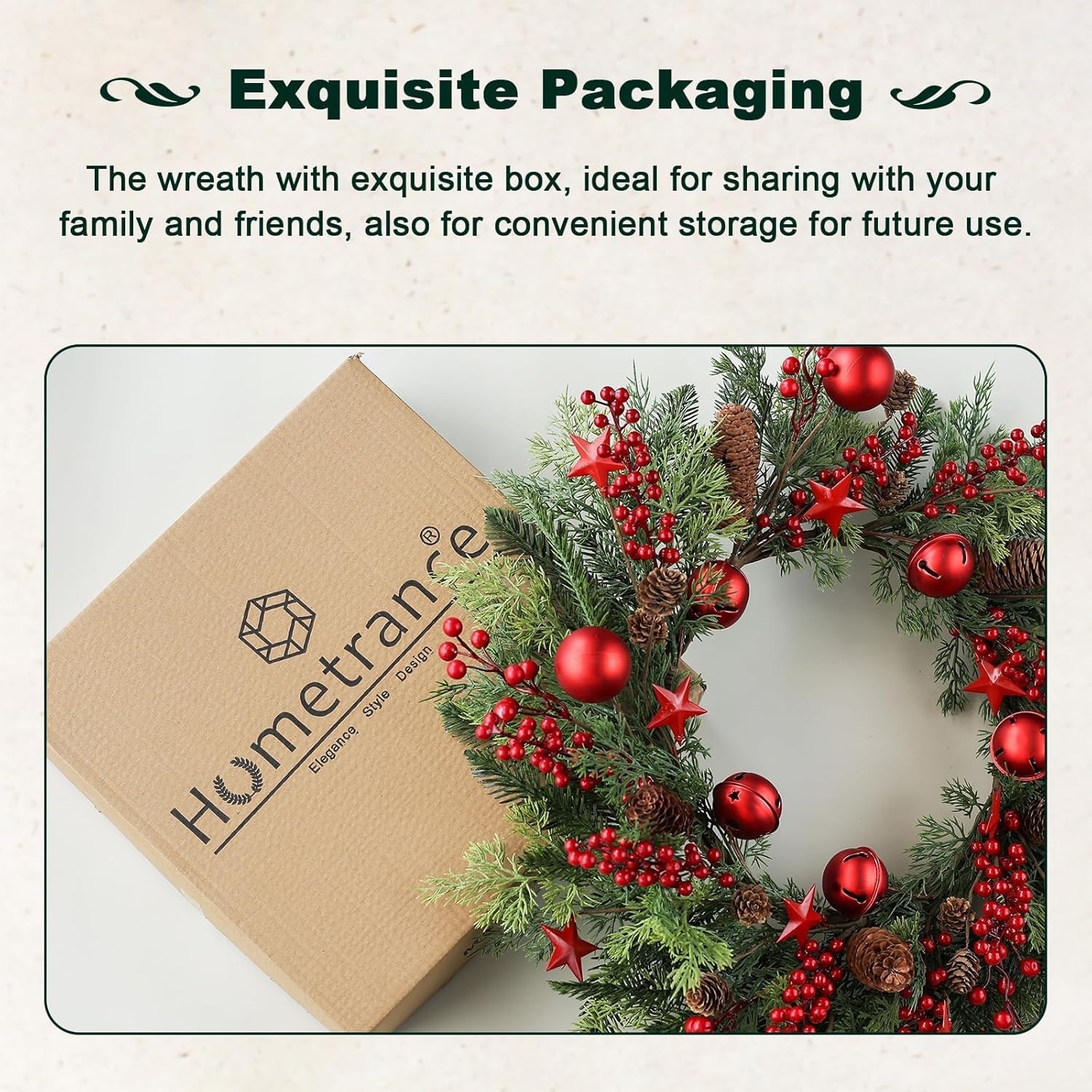 Christmas Red Wreaths for Front Door 20 Inches, Xmas Farmhouse Winter Wreath with Bells Balls Berry Stars for Window Outdoor Outside, Artificial Holiday Rustic Wreath for Indoor Porch Decor