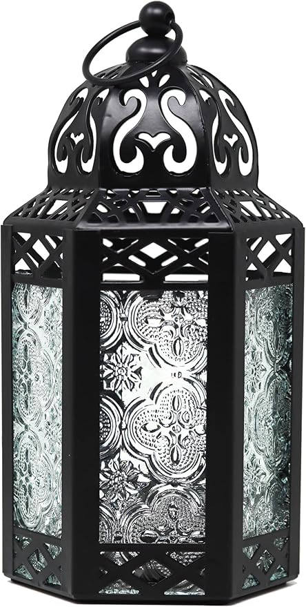 VELA LANTERNS 8.5" Small Black Metal Decorative Moroccan Lantern Candle Holder Lamp - Indoor/Outdoor, Home Decor, Patio, Weddings, Ramadan Decor, Clear