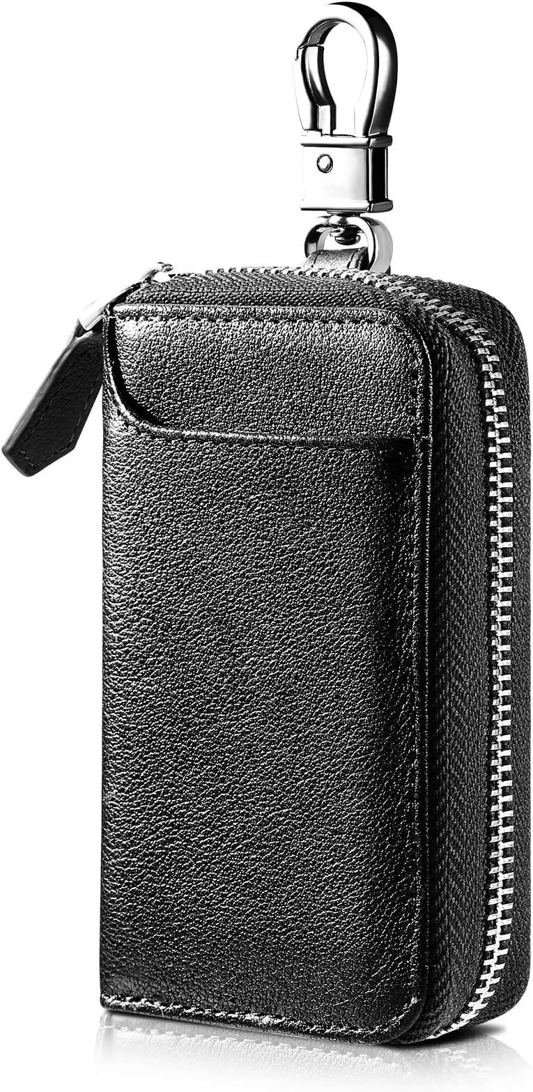 Leather Car Key Holder Bag, Car Key Case with Keychain, Keychain Protector Wallet with 6 Hooks and Keyring, Portable Zipper Closure Car Key Organizer Case for Men and Women