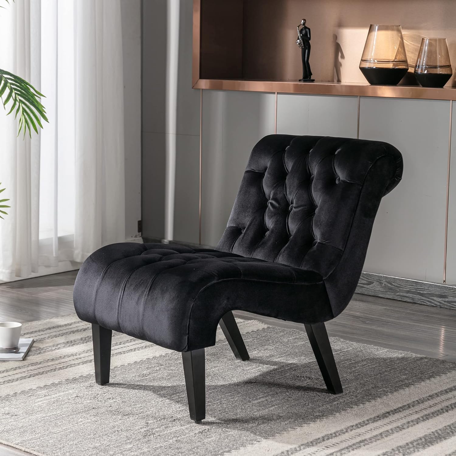 HomSof Velvet Accent Chair for Living Room, Chaise Lounge Single Sofa, Black Recliner Chair with Rubber Wood