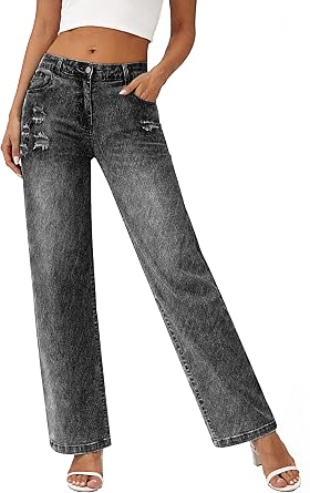 HVEPUO Mid/Low Waisted Ripped Jeans for Women Straight Leg Stretchy Jean Pants Baggy Distressed Fall Casual Denim Trousers