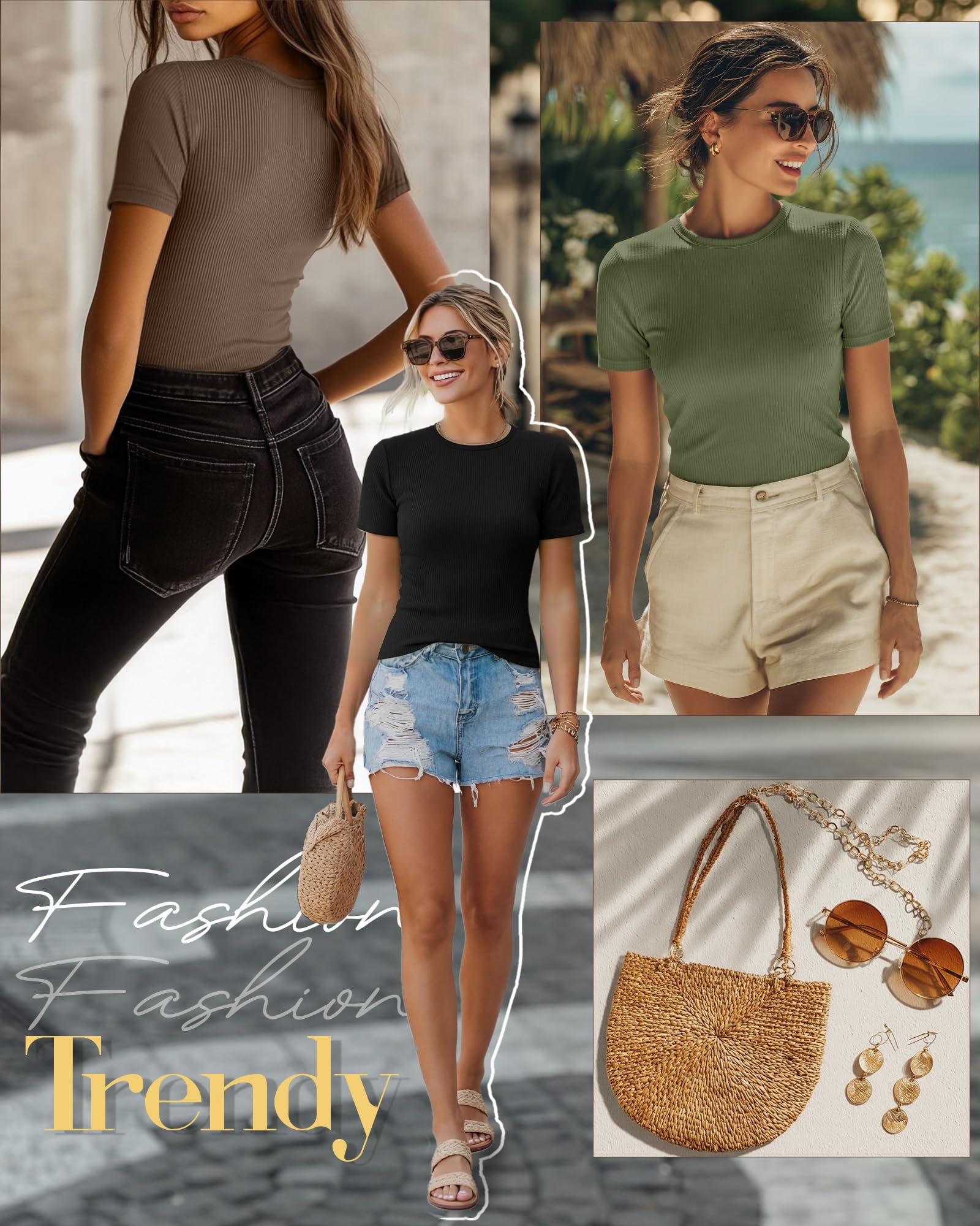 Ficerd Lot de 3 t-Shirts côtelés pour Femme, en Coton, Manches Courtes, col Rond, Coupe ajustée, Hauts Basiques et décontractés, Parfaits pour l'été.