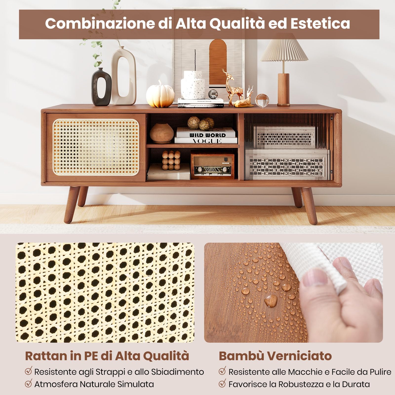 COSTWAY Mobile TV per TV Fino a 55", Mobile Porta TV Salloto, Mobiletto Soggiorno con 2 Ante Scorrevoli, Tavolo Consolle con Gambe in Legno Gamba, 120,5 x 31 x 45,5 cm (Marrone)