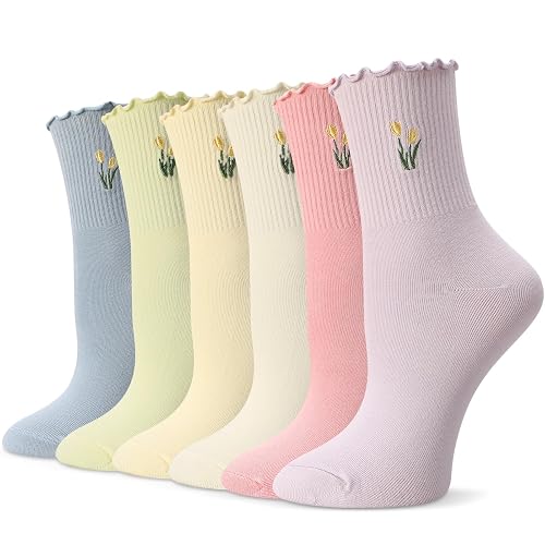 Utensilsto 6 Paar Rüschen Socken mit Gestickte Blumenmuster, Baumwolle Socken mit Rüschen, Mittelhoch Rüschensocken für Damen, EU 35-40