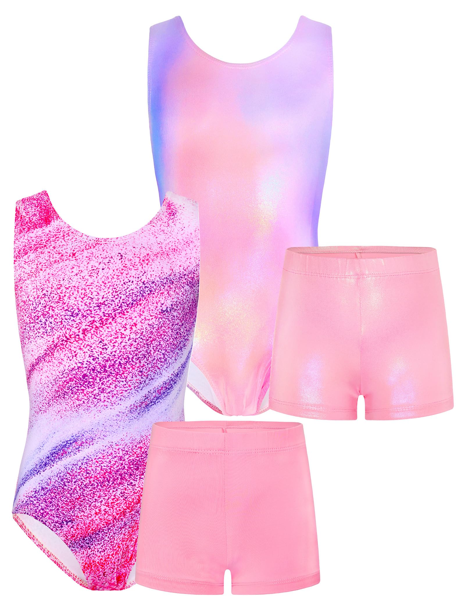 TENVDA Bundles of Gymnastics Leotards for Girls 6-7 Years Old Pink Blue and Stripes Print Sleeveless Tumbling Outfit Matching Shorts Sets