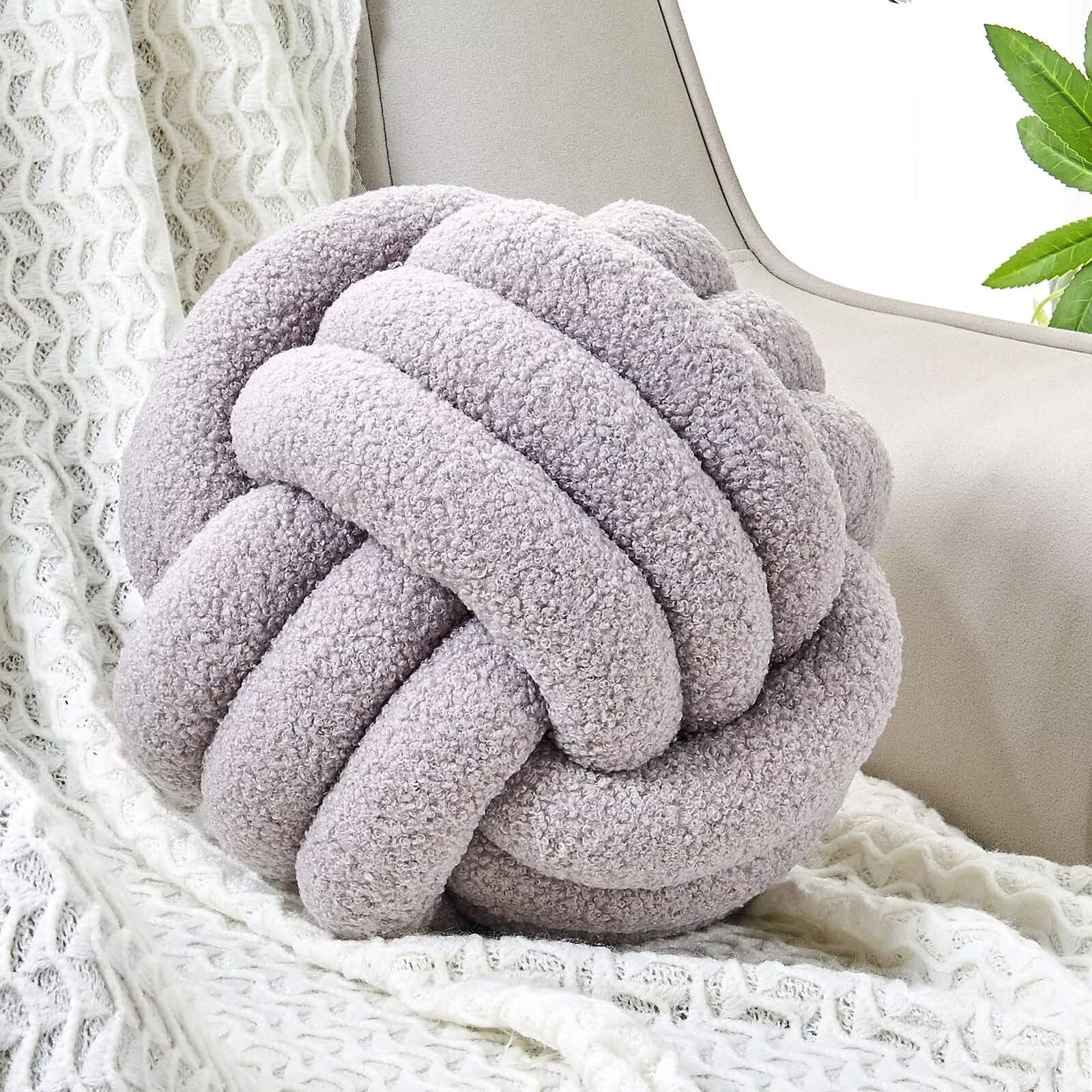 Uvvyui Knot Pillow Ball, Soft Home Decorative Pillows, Round Throw Pillow, Handmade Knotted Plush Pillow, Round Boucle Pillow Cushion (14 Inches Light Grey)