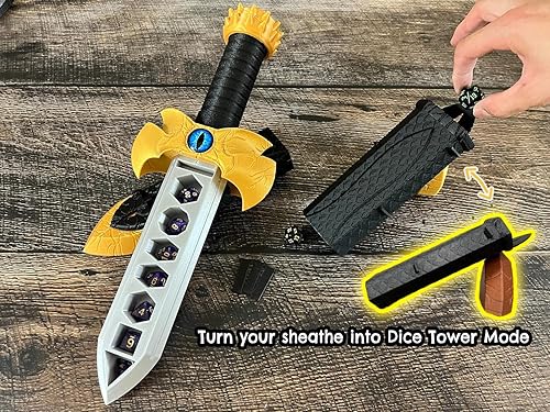 Miniatura 2 de MunnyGrubbers - Soporte y torre de dados de espada de dragón parlante - 7 dados D20 aleatorios incluidos - Haz preguntas de síno, toma de