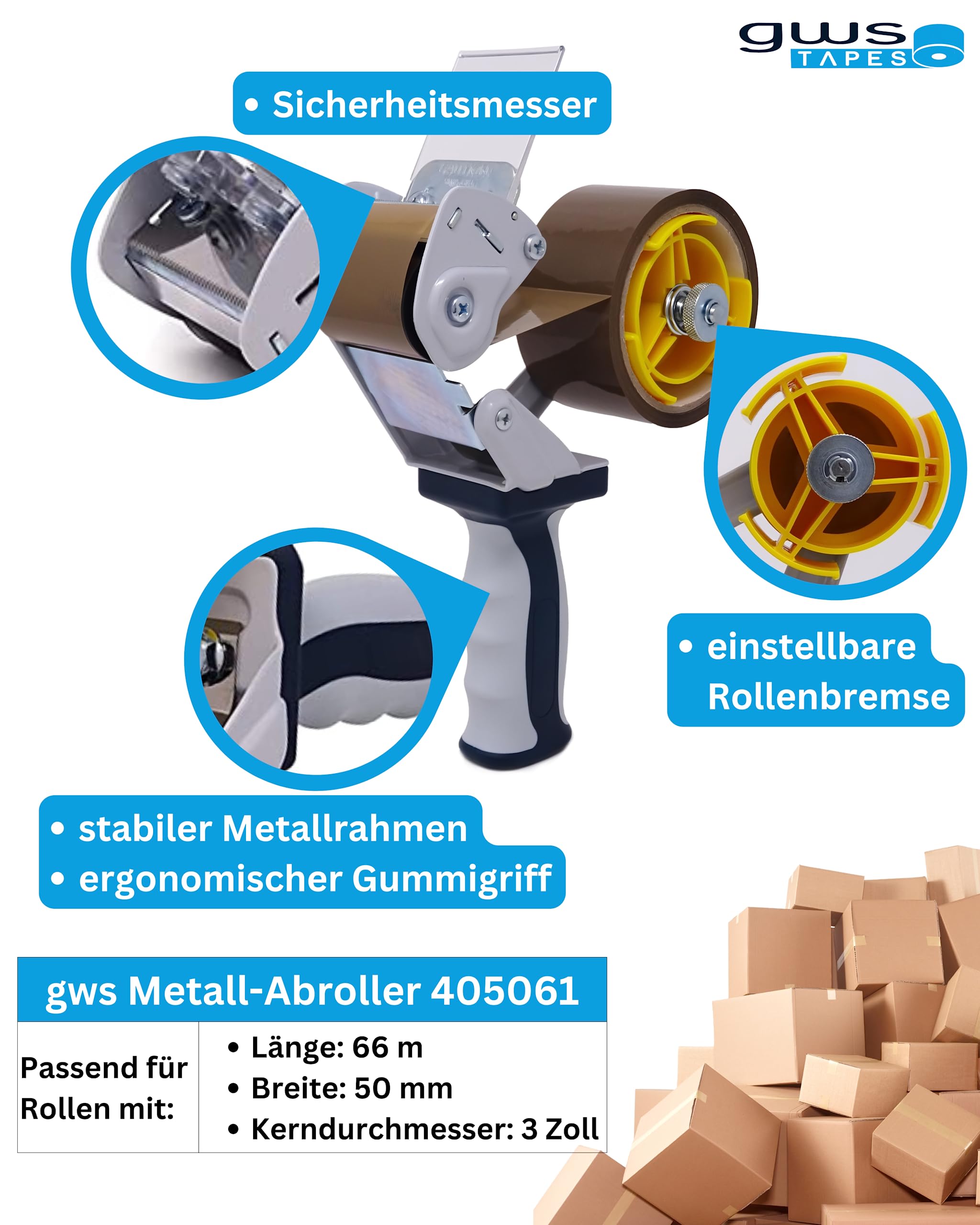 24 Stück gws Packband Handabroller, hochwertiger Paketbandroller, stabiler Metallrahmen inkl Sicherheitsklinge und gummiertem Griff, für Rollen bis 66m x 50mm
