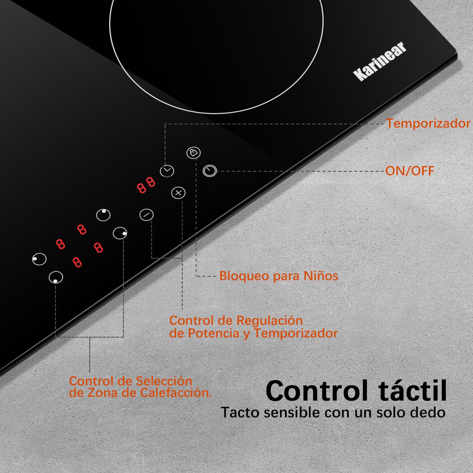 Karinear Piano Cottura a Induzione Elettrico, 60cm Piastra con 4 fuochi, Piani Cottura a Spina 3500W con 9 Power Comandi Toccare, Blocco di Sicurezza per Bambini, Timer Lock, Vetro, Nero