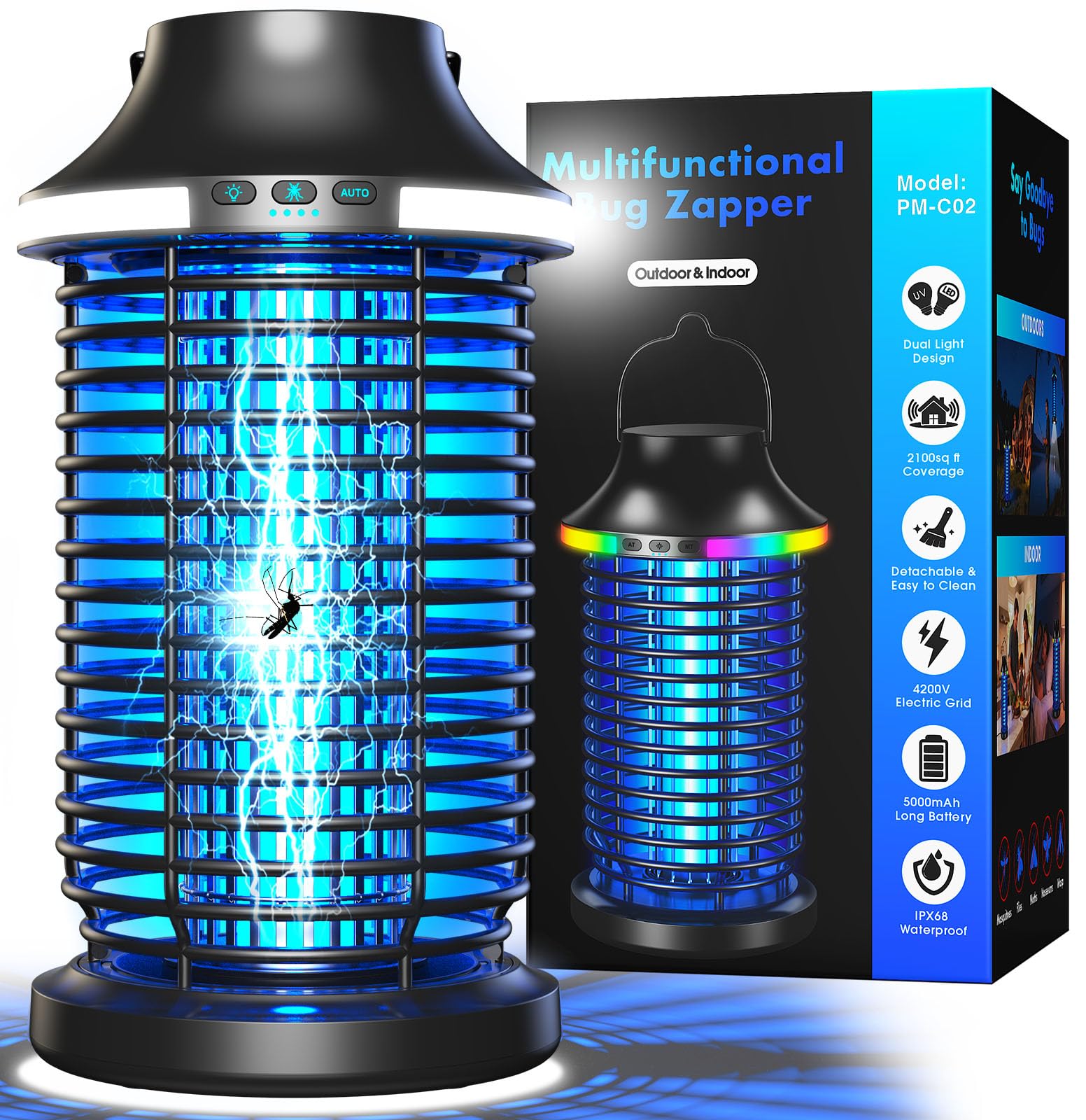 Zapper de insectos para exteriores, inalámbrico, 2026 actualizado 4200 V, exterminador eléctrico de mosquitos 5 en 1, recargable para exteriores, impermeable, con batería de 5000 mAh, exterminador de