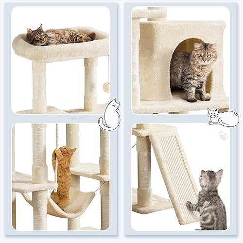 Miniatura 3 de Yaheetech Árbol para gatos, estructura de juego para gatos de varios niveles de 63 pulgadas con postes rascadores, hamaca y bola colgante