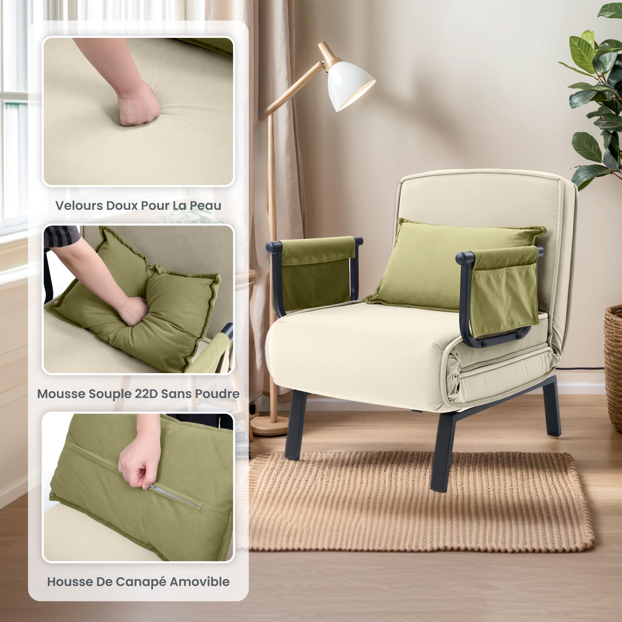 FLEXISPOT Fotel relaksacyjny, rozkładane łóżko, rozkładany fotel do spania z funkcją łóżka, leżak 3 w 1 (biały, 76 x 65 x 51 cm)