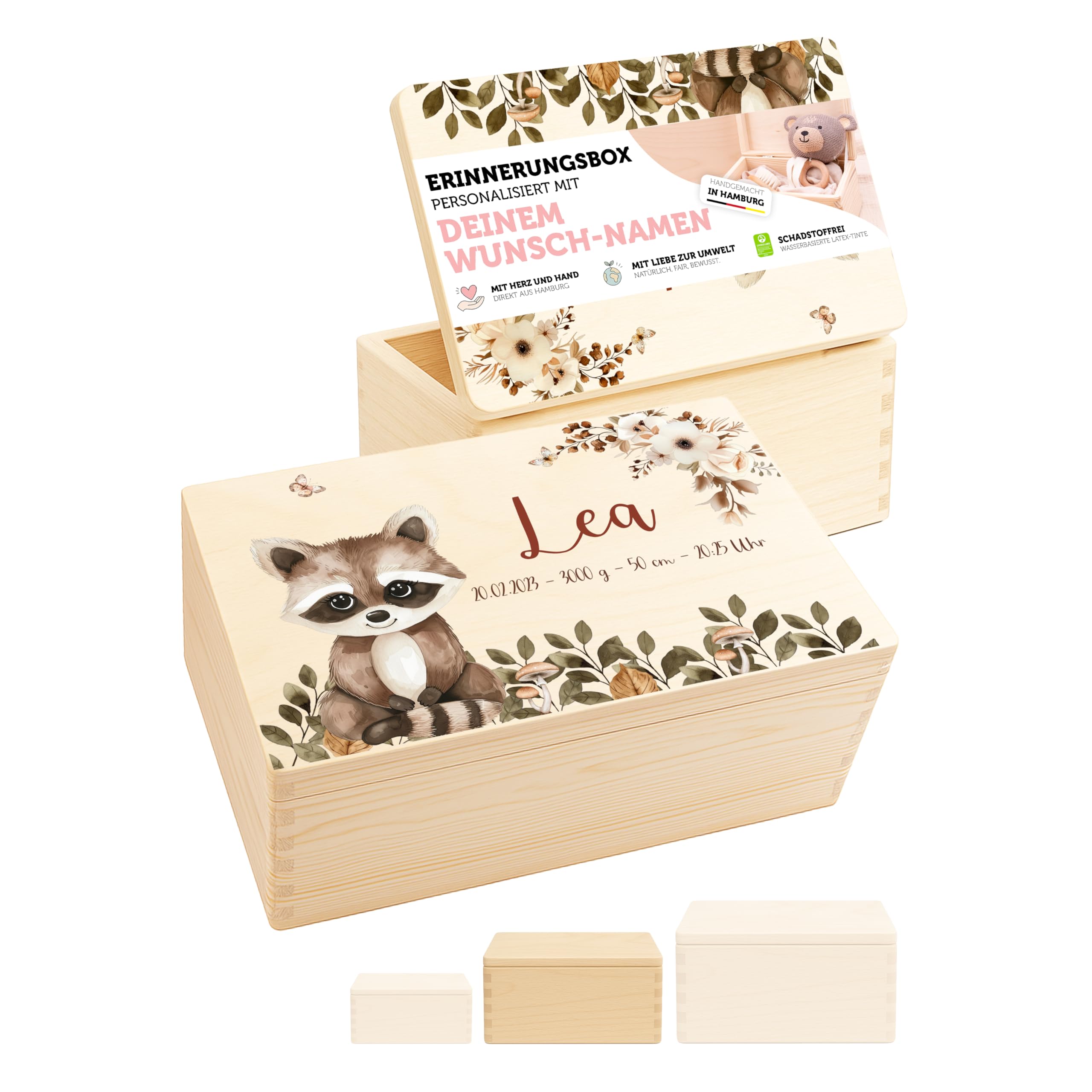 Erinnerungsbox Baby - Personalisierte Geschenke mit Namen | Holzkiste mit Deckel bedruckt mit Schadstofffreie Latextinte - Geschenke zur Geburt & Taufgeschenke für Mädchen & Jungen