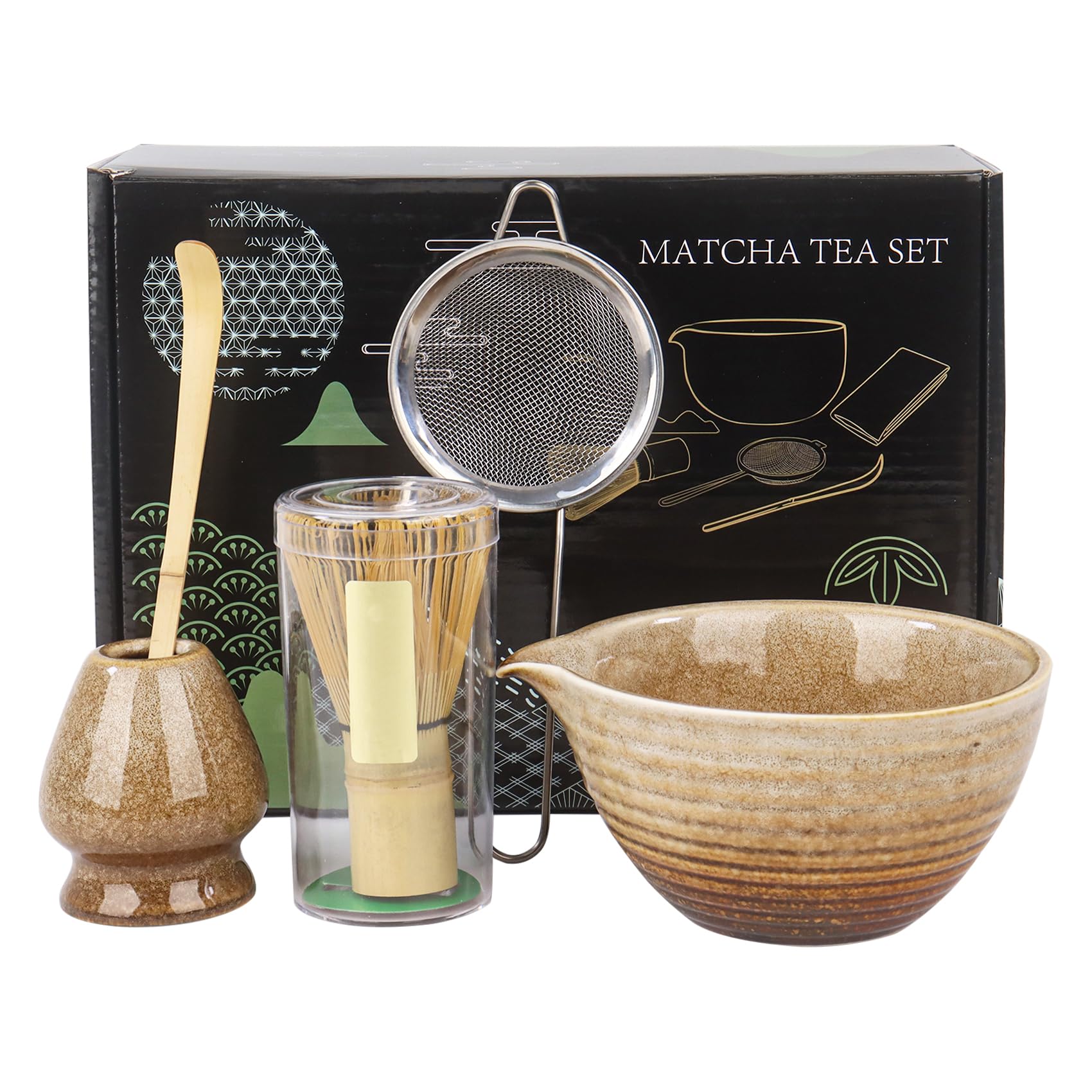 Service à thé matcha 5 pièces en céramique avec bol et fouet pour cérémonie japonaise