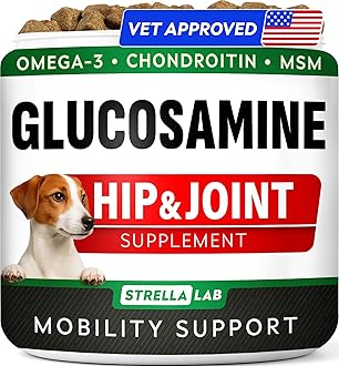 Glucosamine Treats for Dogs - Joint Supplement w/Omega-3 Fish Oil - Chondroitin, MSM - Advanced Mobility Chews - Joint Pain Relief - Hip & Joint Care - Chicken Flavor - 120 Ct - Made in USA