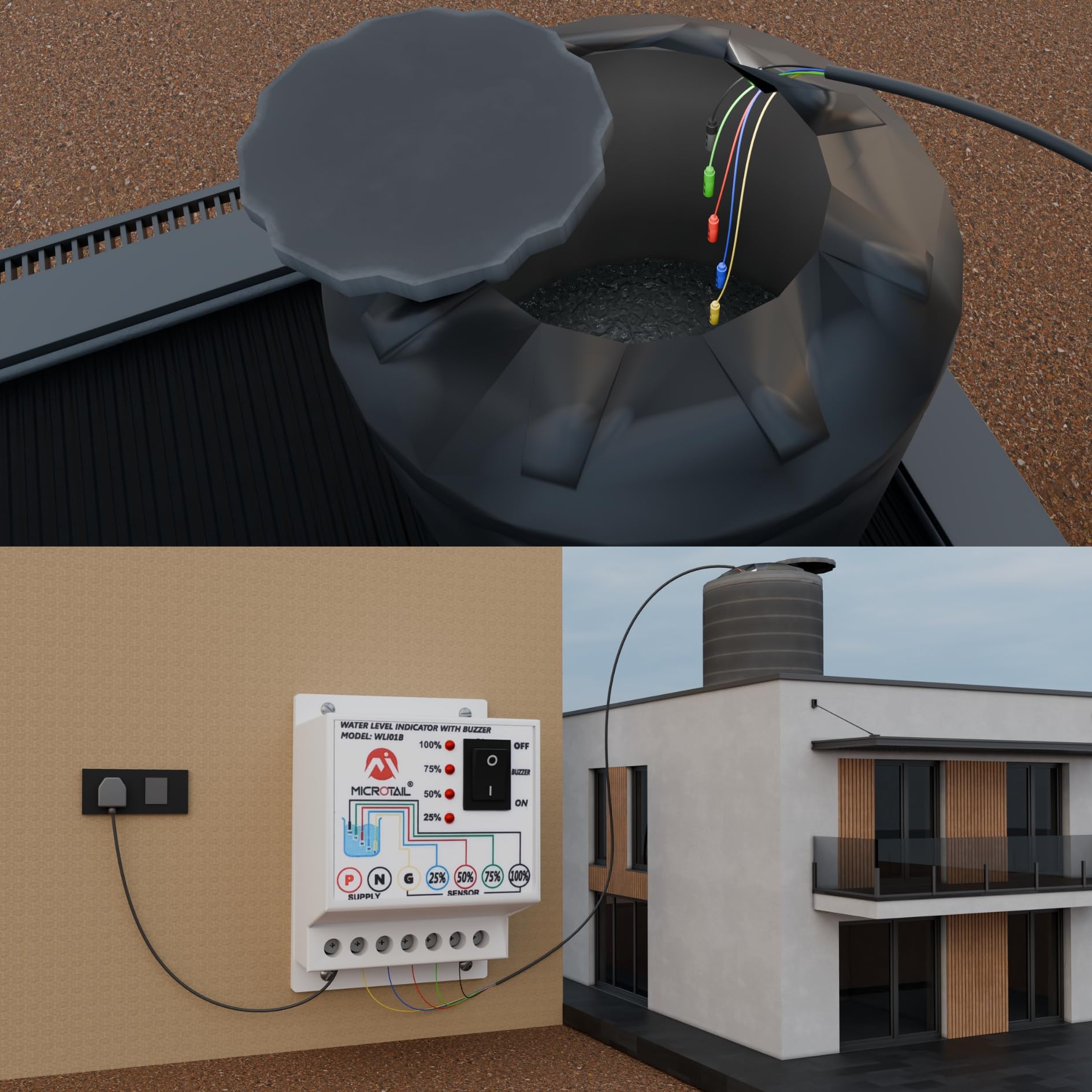 Microtail ABS Water Level Indicator with Alarm on Tank Full with 5 Sensors, Single Phase 230V AC 1