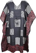 Mogul Interior Womens Kaftan Midi Dress, Black Red, Kimono Kaftan, Black Kaftan, Summer, Cotton Kaftan Dress, Beach, Cover...