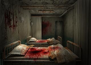 BELECO Bloody Hospital Ward Halloween Backdrop Fabric 7x5ft Spooky Hospital Sickbed Blood Splatter Murder Crime Background Halloween Zombie Party Decorations Horror Birthday Backdrop Photo Props