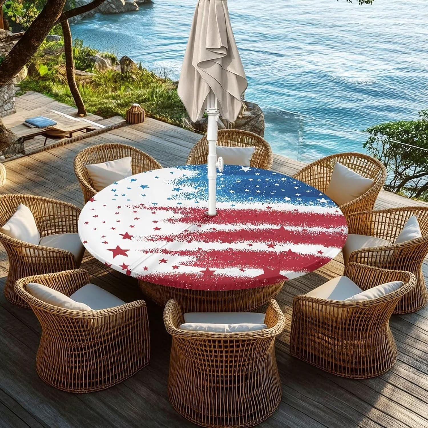 American Flag Style Outdoor Tablecloth Decor Round Fitted Table Cover with Umbrella Hole,Waterproof Elastic Round Table Cover for Patio Party,Picnic,Two Purposes at Once