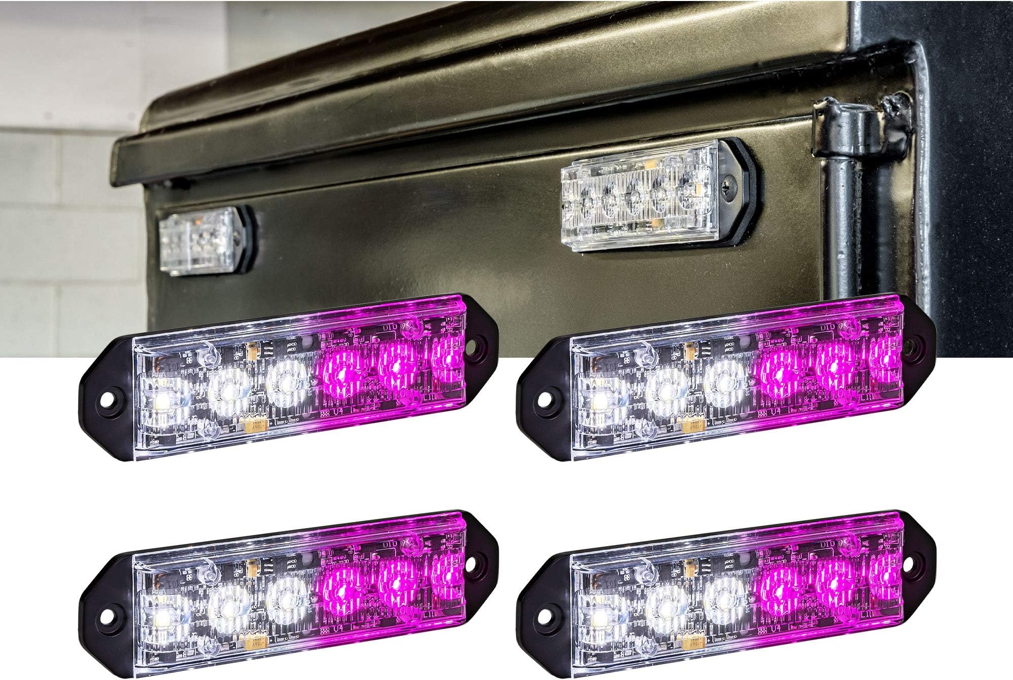 4pc PlanarFlash 6W PURPLE WHITE LED Flashing Strobe Light Head [Ultra Flat] [SAE CLASS 1] [72 Flash Mode] [Multi Units Sync-able] [Surface-Mount] Emergency Grille Police Light for Funeral Service