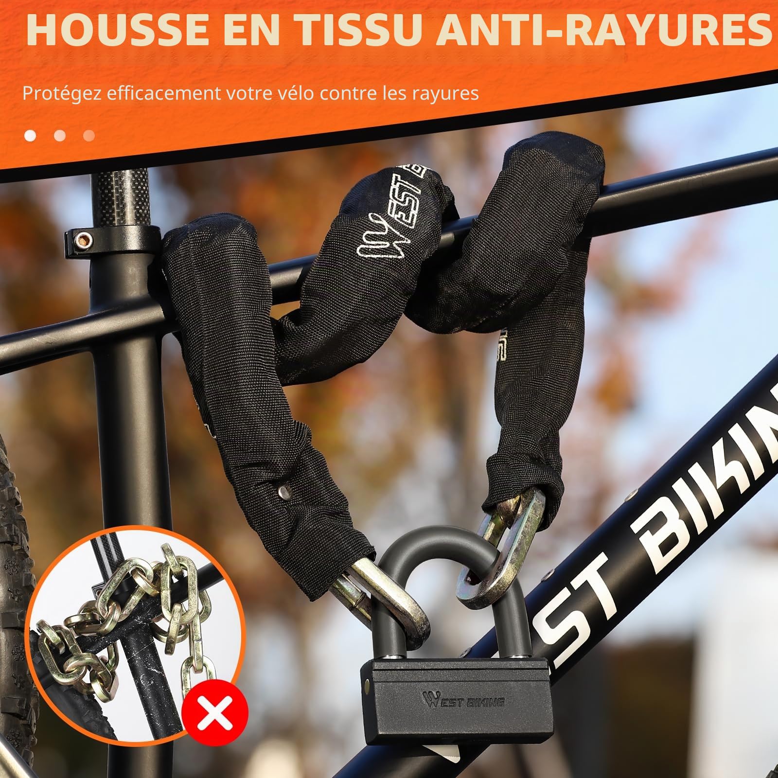 Antivol à chaîne pour vélo - 120 cm - Haute sécurité - 12 mm d'épaisseur - Robuste - Pour vélo électrique - Sécurité de porte de moto