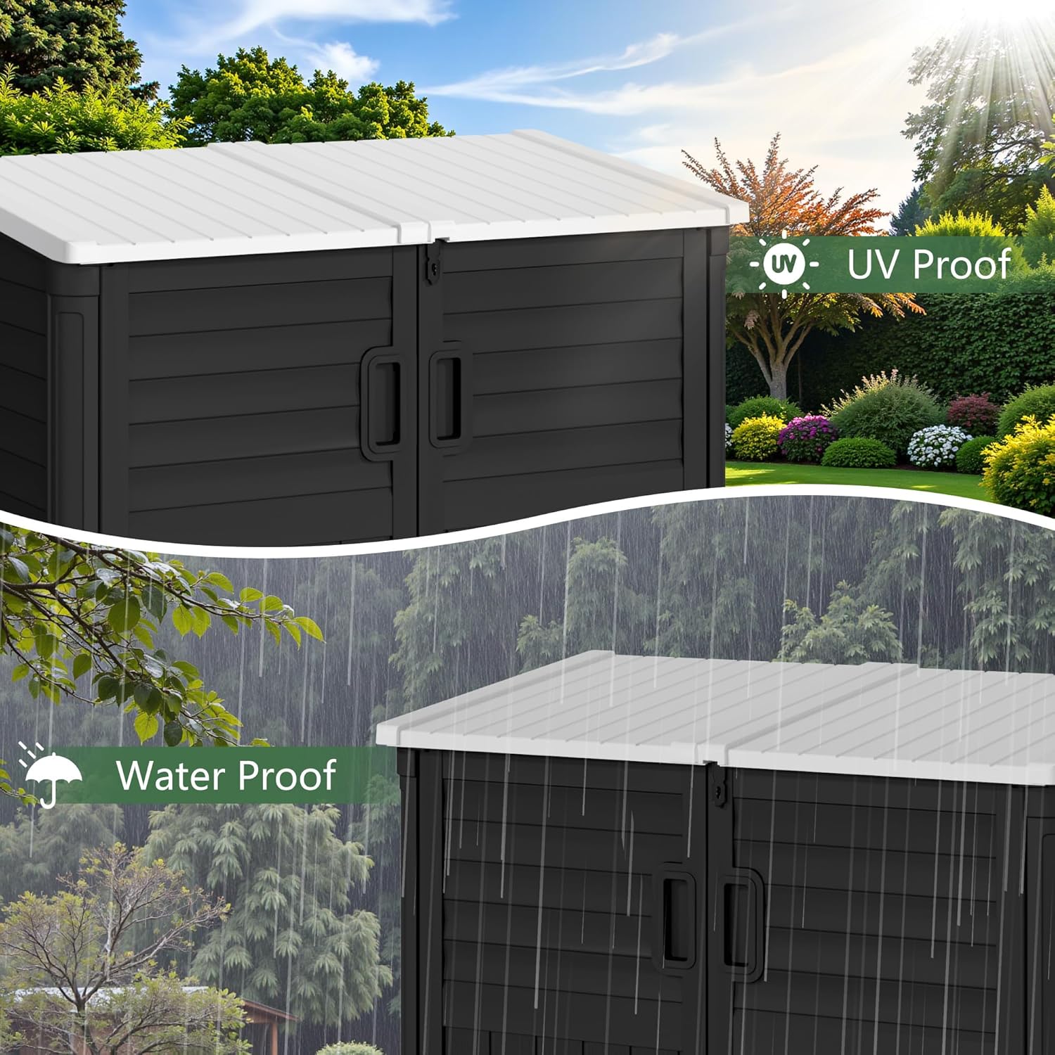 Greesum Outdoor Storage Shed 34 Cu Ft with Lockable Doors, Waterproof Outdoor Storage Cabinet for Trash Cans, Patio Cushions, Gardening Tools with Wood Grain Finish (Black)