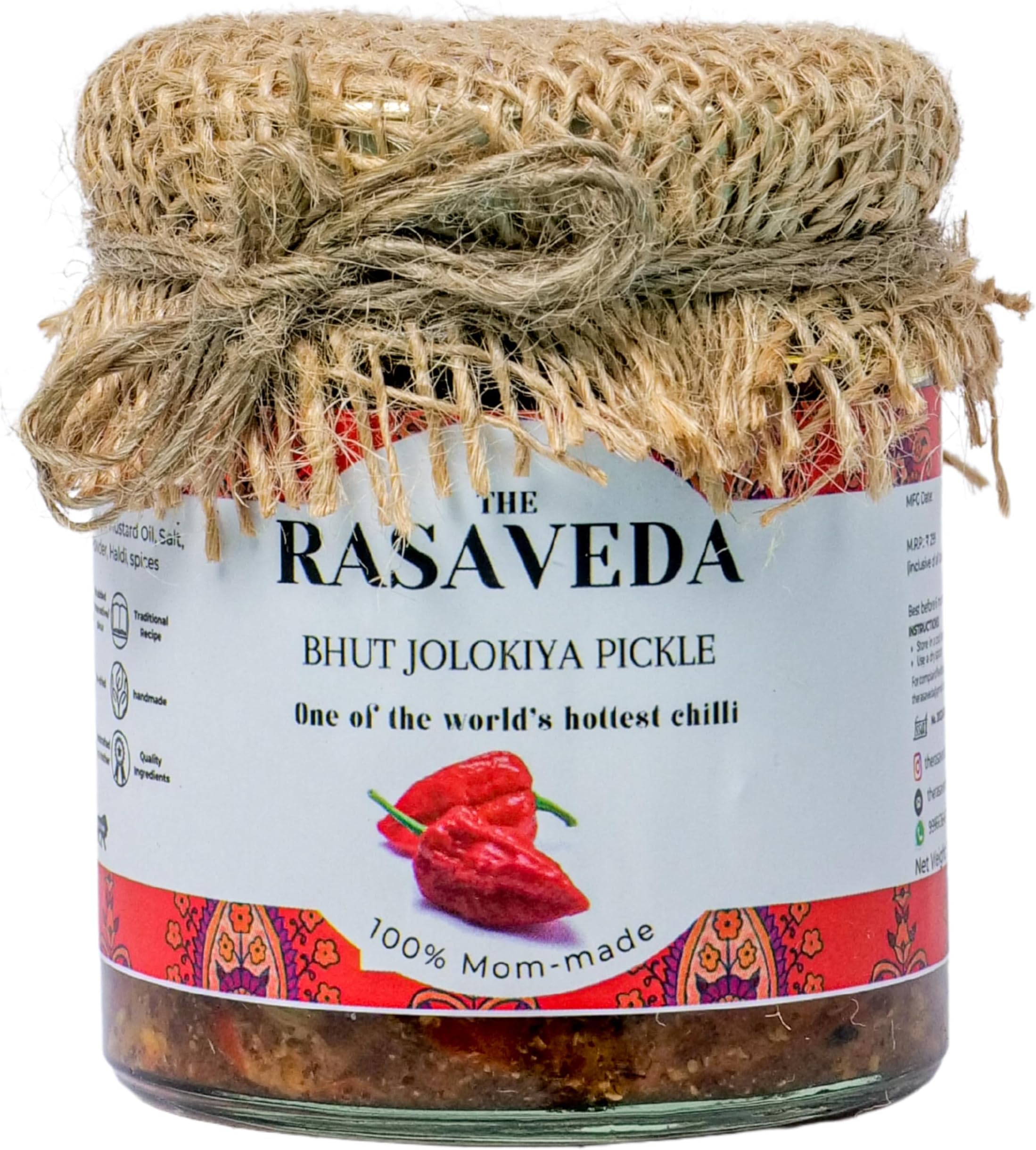 RASAVEDA Bhut Jolokia King Chilli Pickle 150gm | Authentic Ghost Pepper Achar from Nagaland - 100% Mom-Made | Sun-Dried Raja Mirchi in Mustard Oil | No Chemical Preservatives & No Garlic