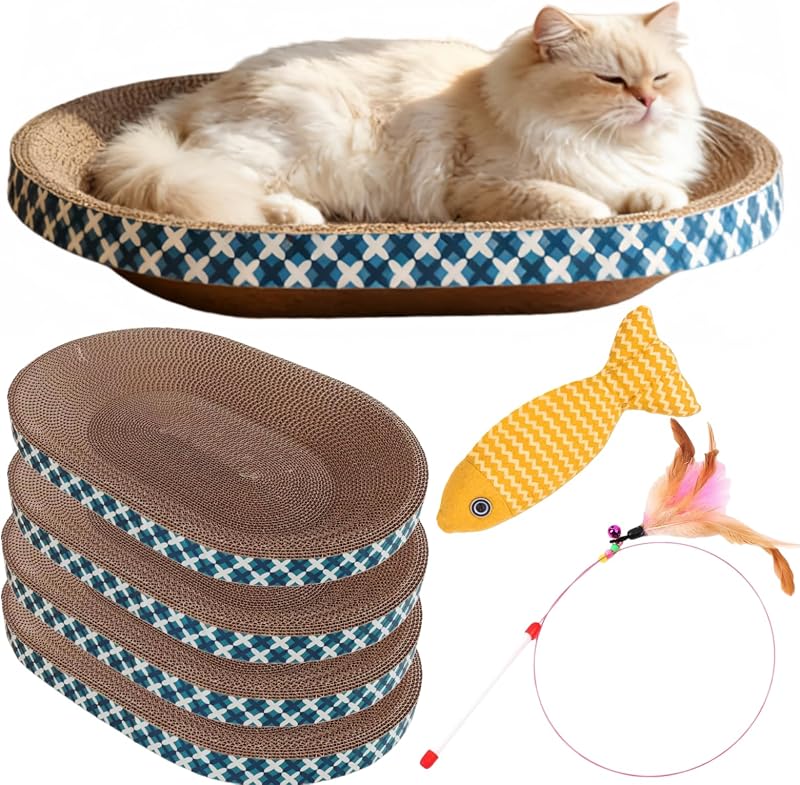 Arranhador para Gatos em Formato Oval com Brinquedos Spindro, Cama de Papelão com Catnip e Varinha, 4 Peças, Grande