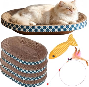 Cat Scratcher Bed with Toys, 4 Pack Oval Cat Scratcher Cardboard, Indoor Cat Scratch Bowl, Large Pad Cat Scratching Board with Catnip Fish Toy & Feather Wand for Furniture Protector L17.5"x12.6"x3"