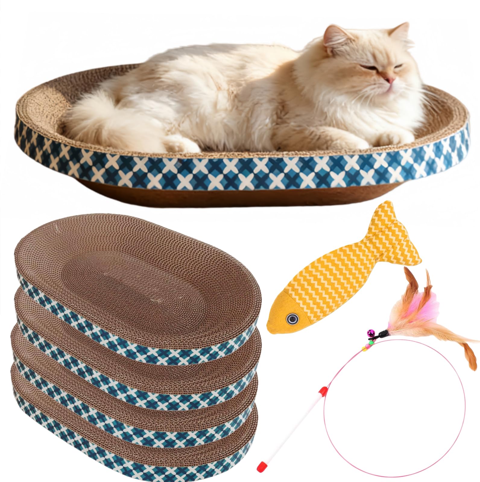 Spindro Cat Scratcher Bed with Toys, 4 Pack Oval Cat Scratcher Cardboard, Indoor Cat Scratch Bowl, Large Pad Cat Scratching Board with Catnip Fish Toy & Feather Wand for Furniture Protector