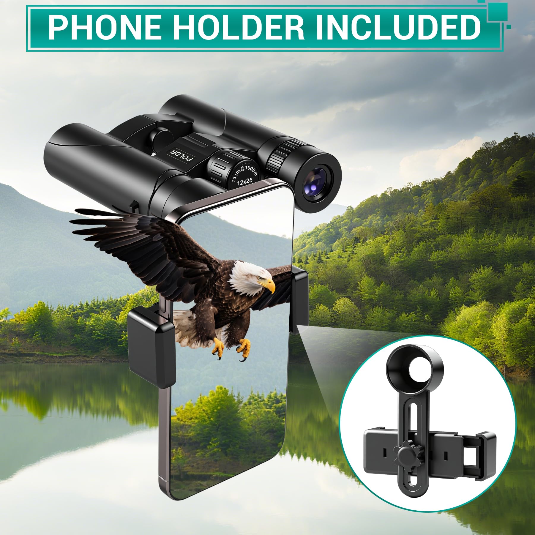 Binoculares compactos de 12 x 25 para adultos y niños, binoculares impermeables de alta potencia con adaptador de teléfono, pequeños prismáticos HD de fácil enfoque para observación de aves 6