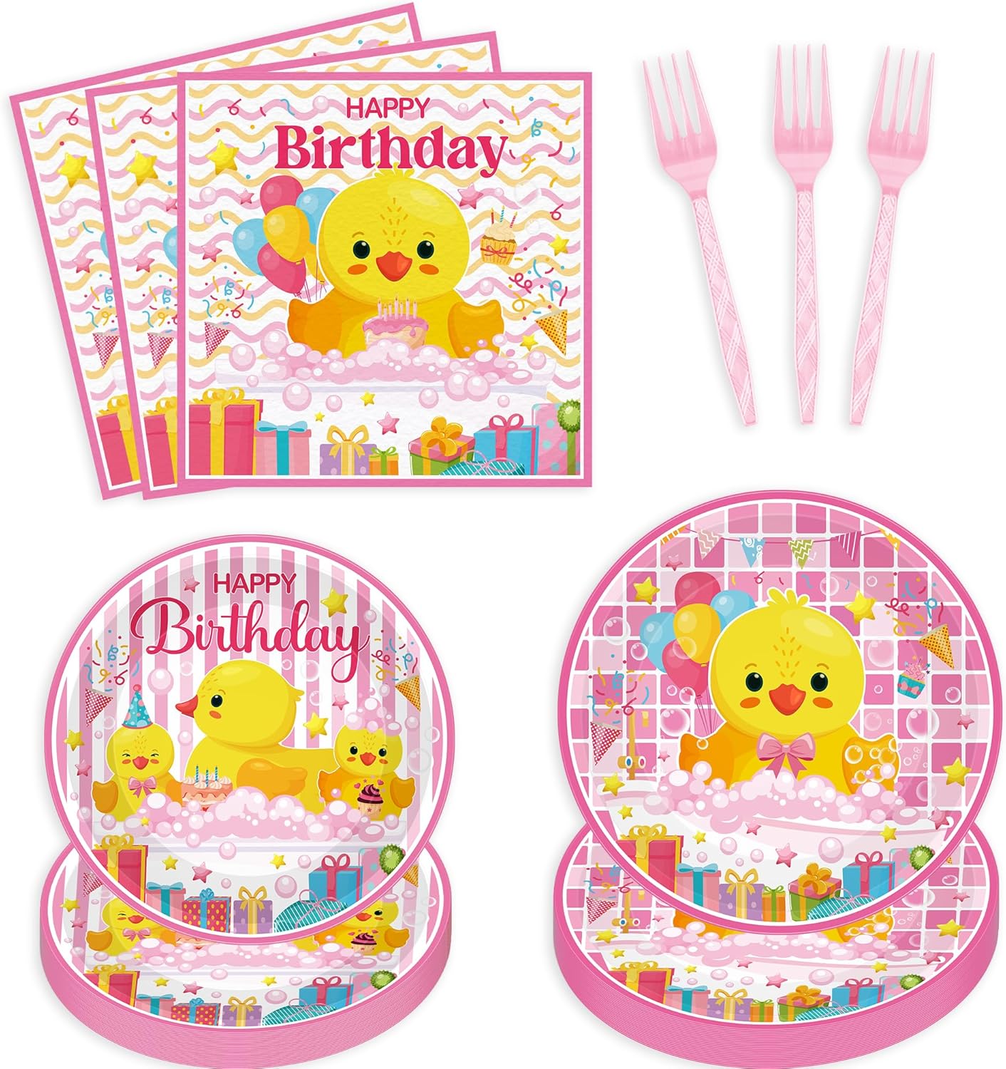 96Pcs Ducky Party Plates & Napkins, Ducky Birthday Party Decorations, Pink Disposable Tableware Set, Plates, Forks, Napkins for Girls, Serve 24 Guests