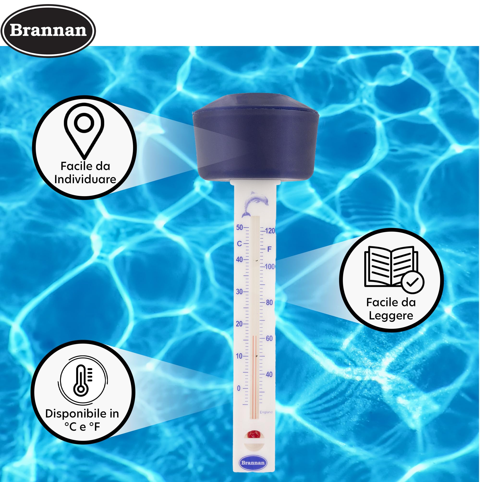 Brannan Termometro galleggiante per acqua con galleggiante blu per leggere la temperatura dell'acqua - Termometro per piscina o bagno di ghiaccio, spa, vasca idromassaggio, nuoto selvaggio