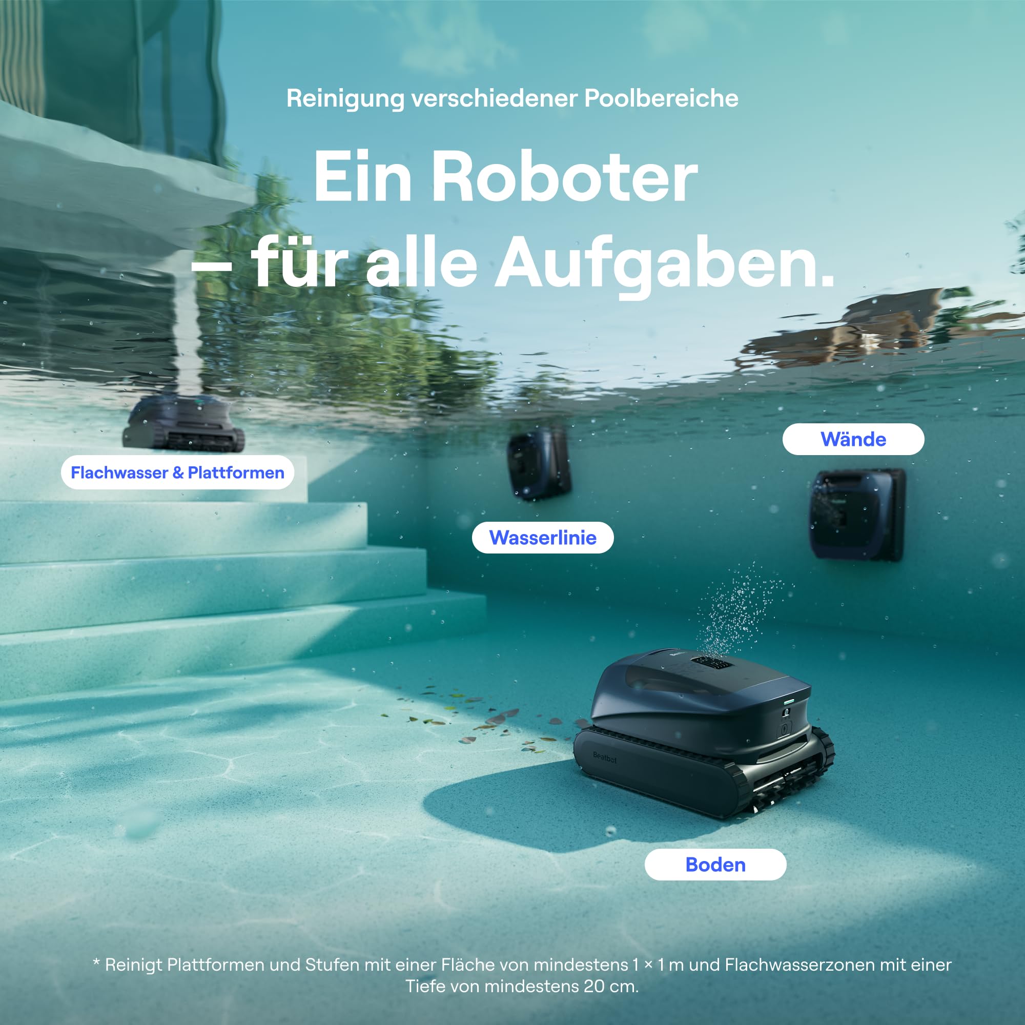 Beatbot Sora 30 Poolroboter Boden und Wand, Akku Poolsauger mit 25700 LPH Saugleistung, Poolreiniger mit smartes Parken an der Wasseroberfläche, 5 Stunden Laufzeit, 5 L Filterkorb, Tiefblau