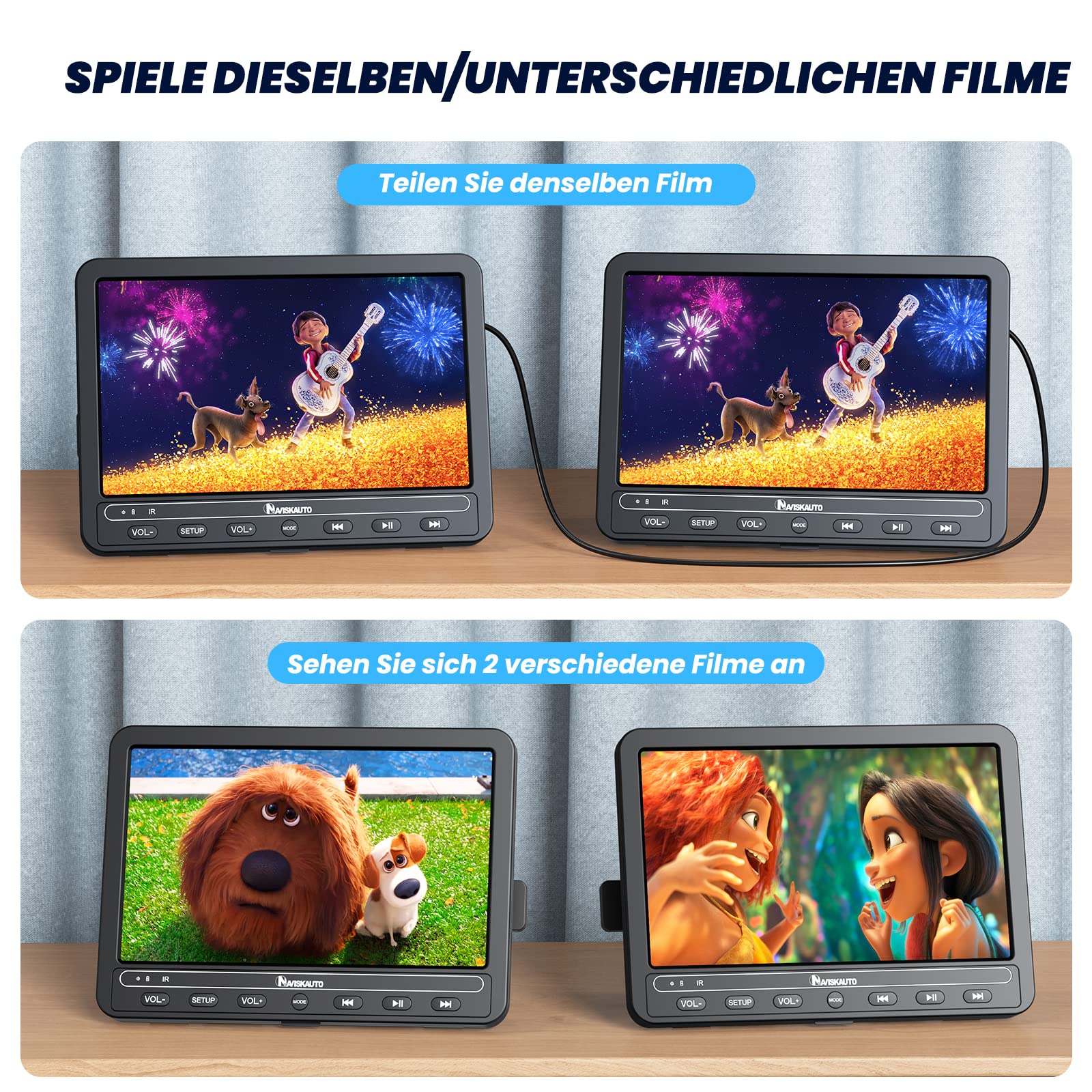 NAVISKAUTO 10,5 Zoll DVD Player Auto 2 Monitore Kopfstütze HDMI IN Mit 5 Stunden Akku, Auto Fernseher TV Kinder DVD-Player Unterstützt USB/SD-Karte, Last Memory, 2 Verschiedene Filme Spielen