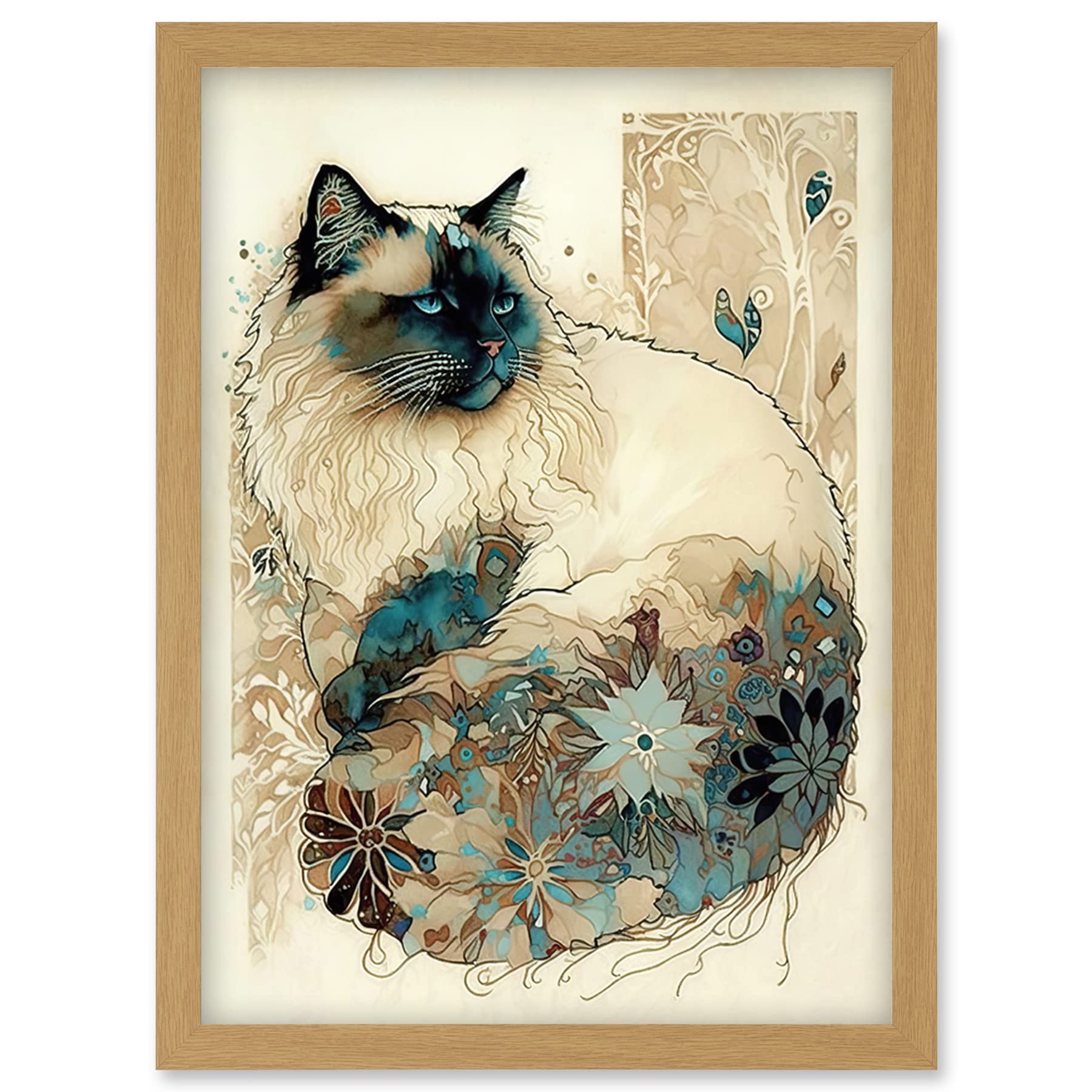 Artery8 Ragdoll Cat with Floral Pattern Tail Modern Watercolour Illustration Artwork Framed Wall Art Print A4