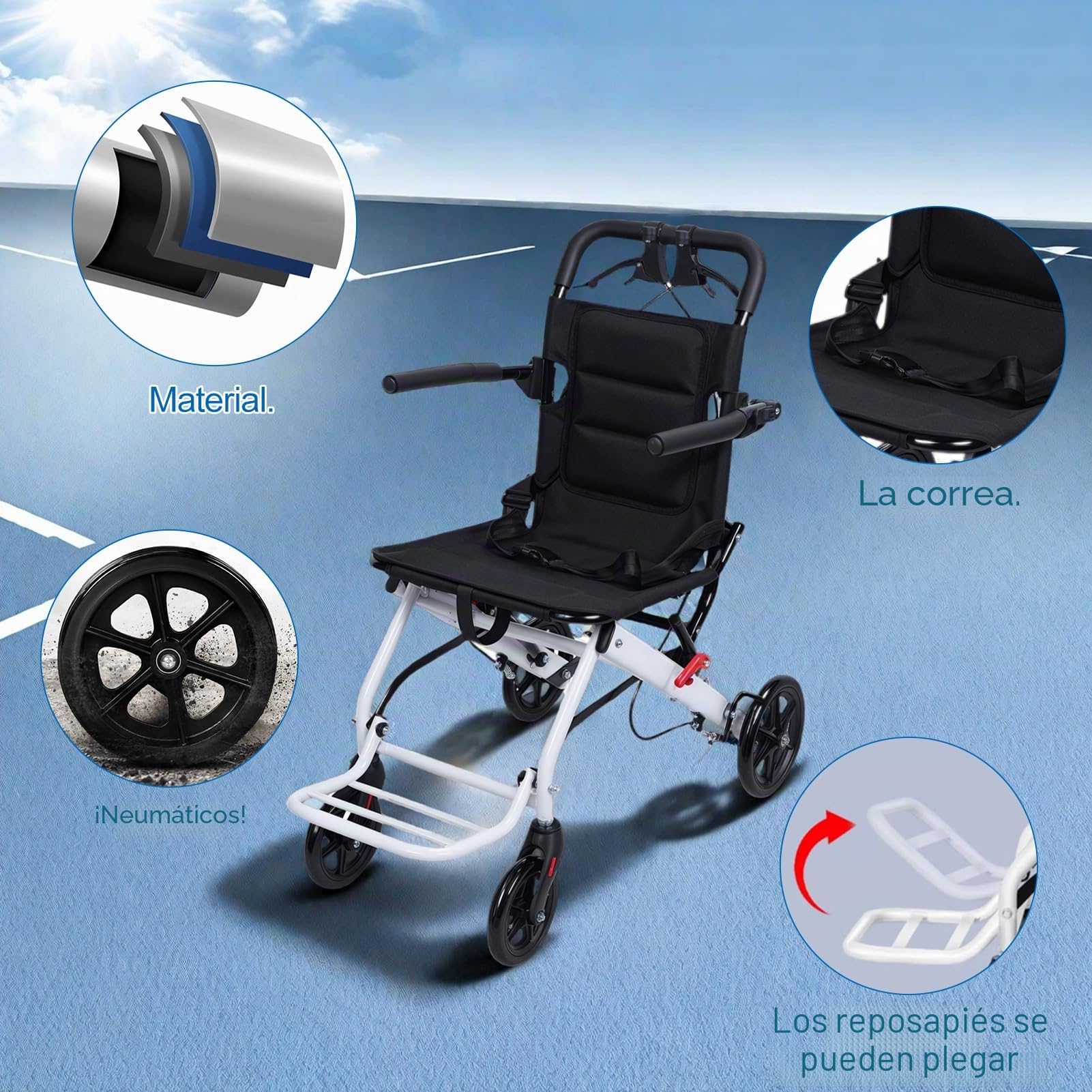 Fukur Silla de ruedas plegable para adultos, silla de viaje portátil ligera con diseño ergonómico, correa de seguridad ajustable, marco de aluminio y ruedas de PU