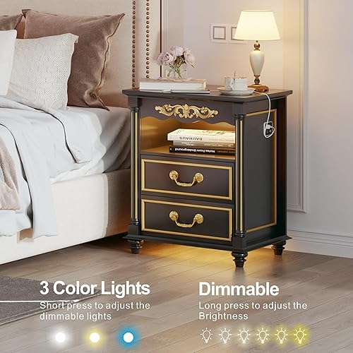 Miniatura 3 de Gurexl Mesita de noche de granja con cajón para armas, mesita de noche vintage de 20 pulgadas con luces LED y estación de carga, mesa auxiliar alta