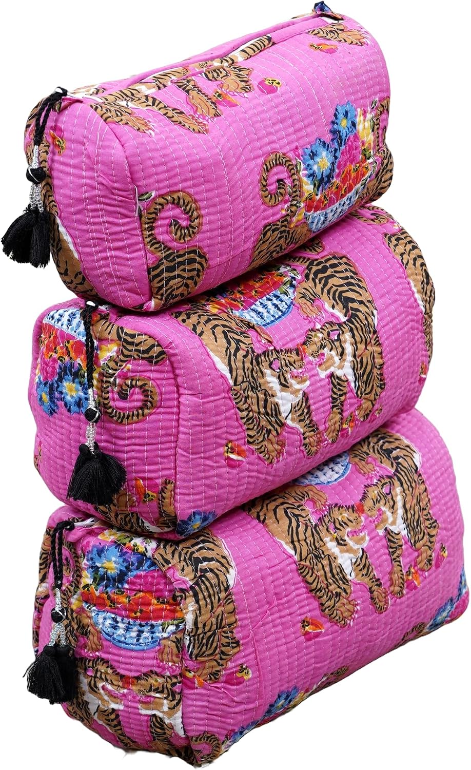 INDACORIFY Set Of 3 Quilted Toiletry Bag, Indian Make Up Bag, Large Toiletry Cosmetic Pouch For Women's Makeup Pouch Washable Toiletry bags