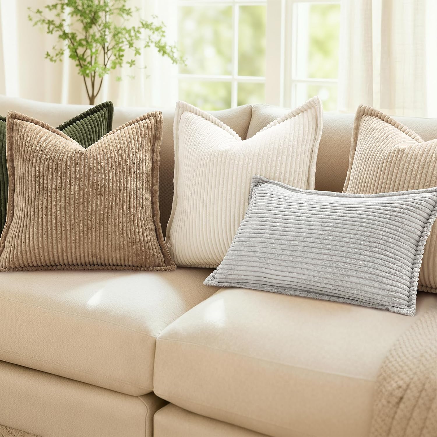 Mecatny Corduroy Throw Pillow Covers 22x22 Set of 2, Neutral Decorative Soft Boho Couch Pillow Covers with Broadside for Sofa Living Room, Cream White