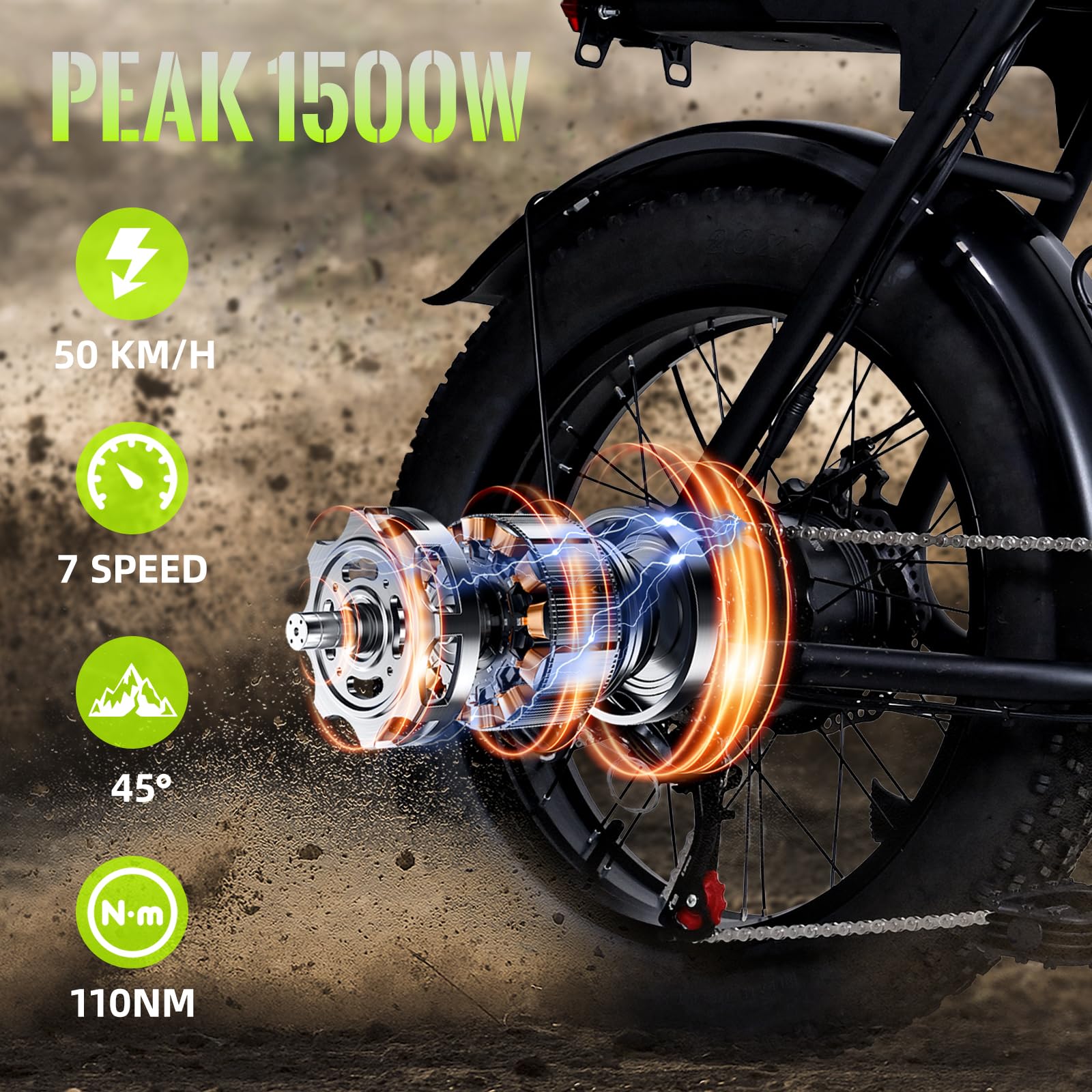 Electric Dirt Bike for Adults&Teens, 20 * 4 Inch Fat Tire 1500W Peak 30MPH Electric Bike with 48V 16AH 768Wh Battery, Dual Suspension — view 2