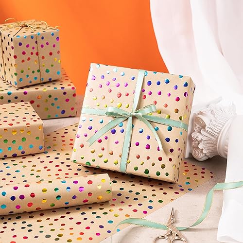 Miniatura 5 de RUSPEPA Rollo de papel de regalo de estraza  17 pulgadas x 16.4 pies  Patrón colorido de puntos de aluminio en papel kraft duradero para cumpleaños,