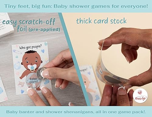 Vista 19 de Baby Shower Games - 33 tarjetas de sorteo, Emojie poopie Emoji, boleto de lotería de raspadita, 3 ganadores, 5 diferentes diseños de tarjeta Feria