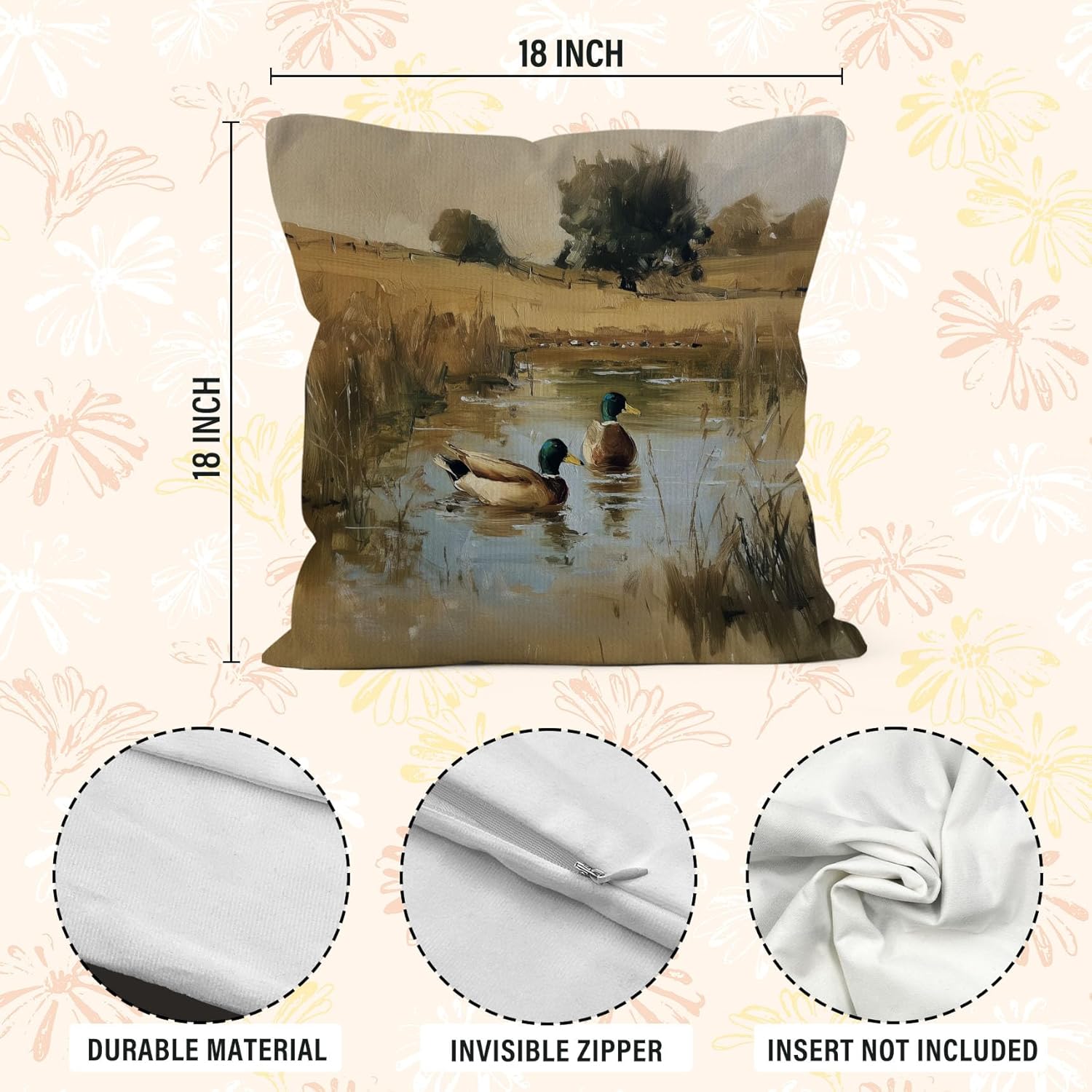 Mallard Duck Throw Pillow Covers 18x18 Set of 2, Bird Mallard Duck Hunting Decor, Farmhouse Hunting Bird Pillow Covers for Home Bedroom Couch - Image 7