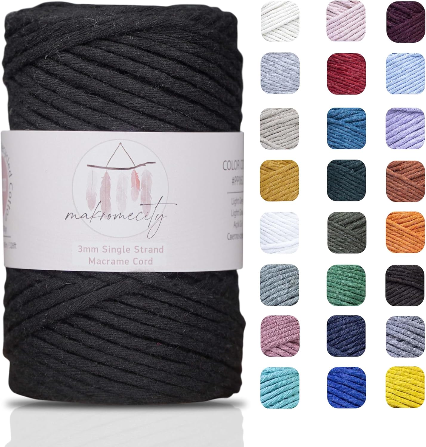 Makromecity, Single Strand Macrame Cord 3 mm x 100 Yards (300 feet) 3mm Single Twisted Black Cotton Cord for Macrame Art & Crafts for Wall Hangings Recycled Cotton Cord Yarn DIY (Black, 1 Skein)