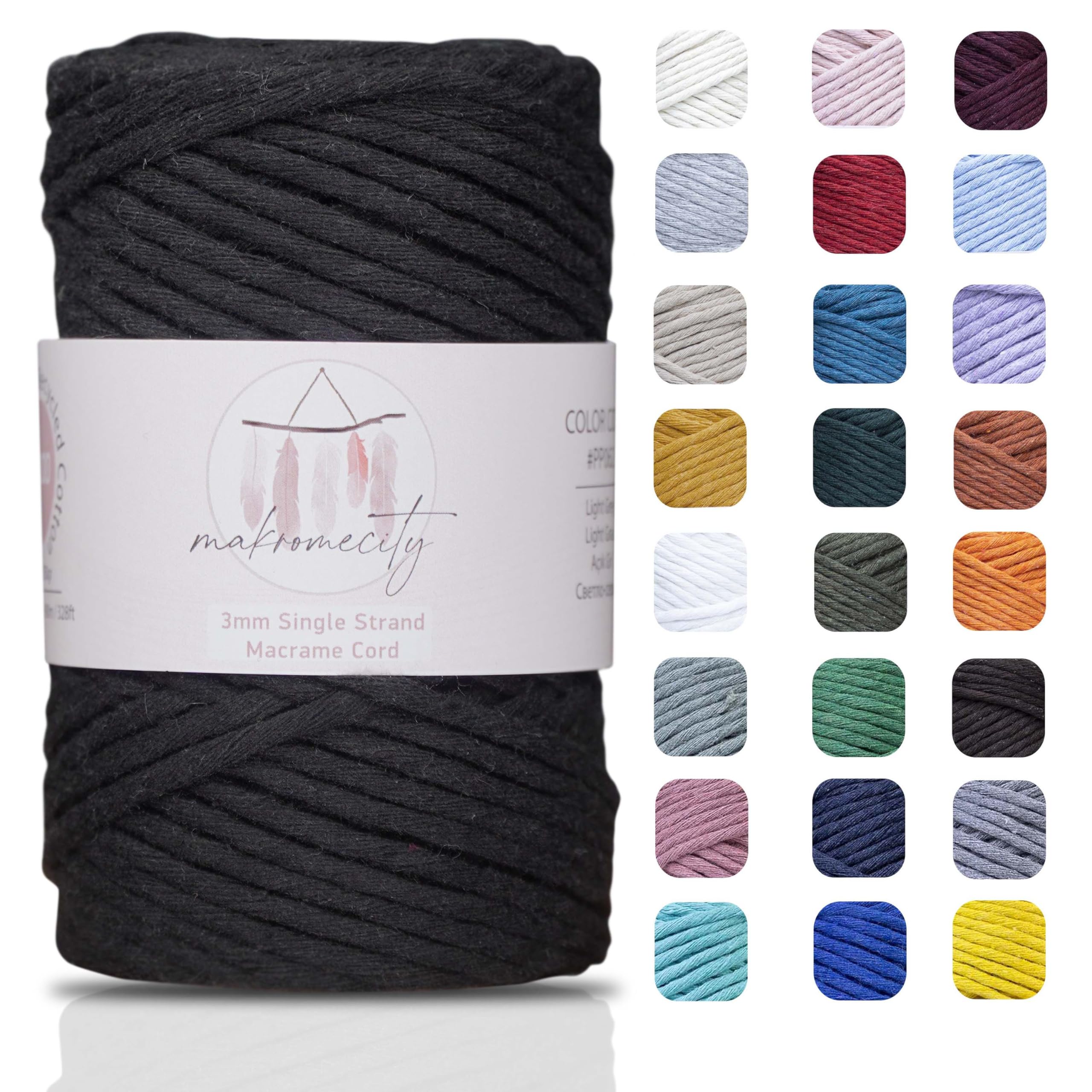 Makromecity, Single Strand Macrame Cord 3 mm x 109 Yards (328 feet) 3mm Single Twisted Black Cotton Cord for Macrame Art & Crafts for Wall Hangings Recycled Cotton Cord Yarn DIY (Black, 1 Skein)